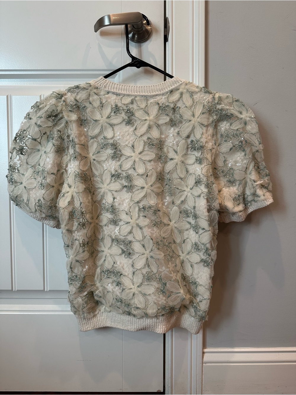 Zara Cream Knit Puff-Sleeve Top with Sage Floral Lace